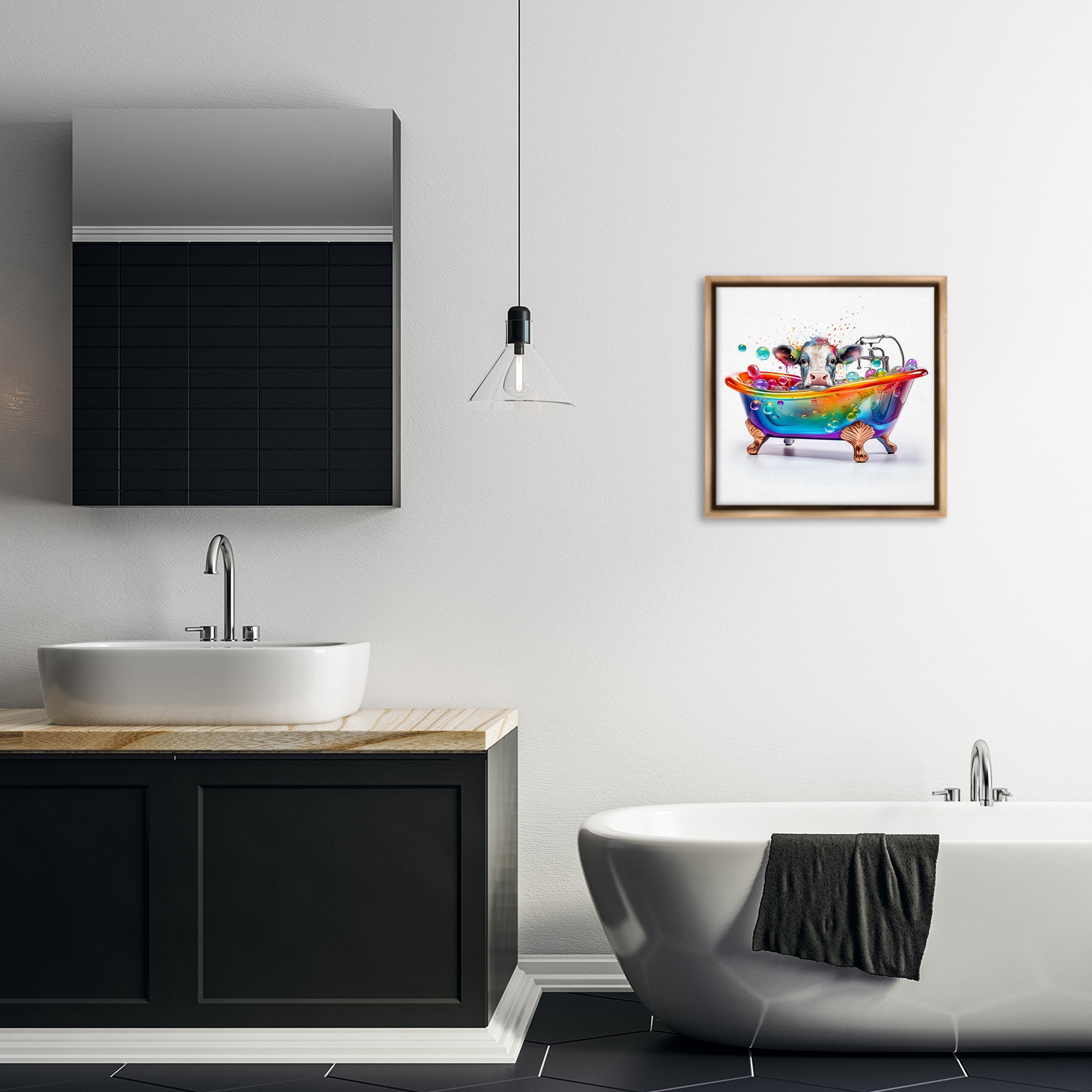 Stupell Industries Cow in Rainbow Bath Typography Painting Brown Floater Framed Canvas Art Print Wall Art, 18 x 18