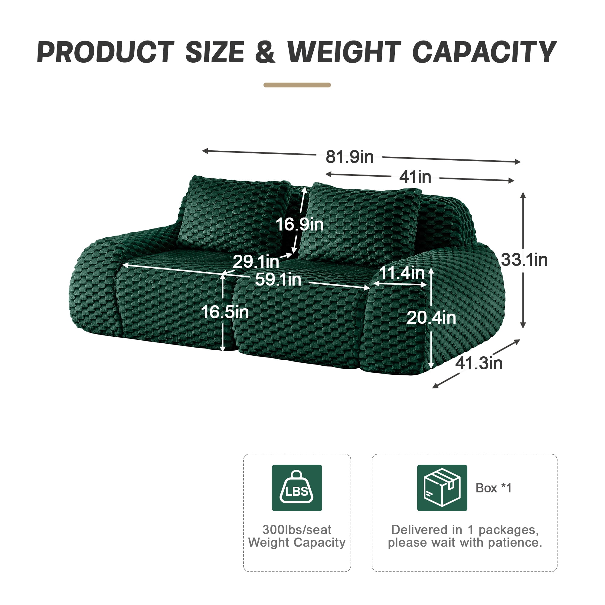 Alvantor 82" Cloud Modular Sectional Sofa Loveseat Deep Seat Flannelette Boneless Couch for Living Room Bedroom Green