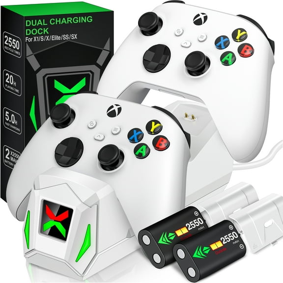 Xbox Controller Charger,Xbox Charging Station Dock with 2x2550mAh Rechargeable Battery Packs for Xbox One/Series X|S Controller Accessories-White