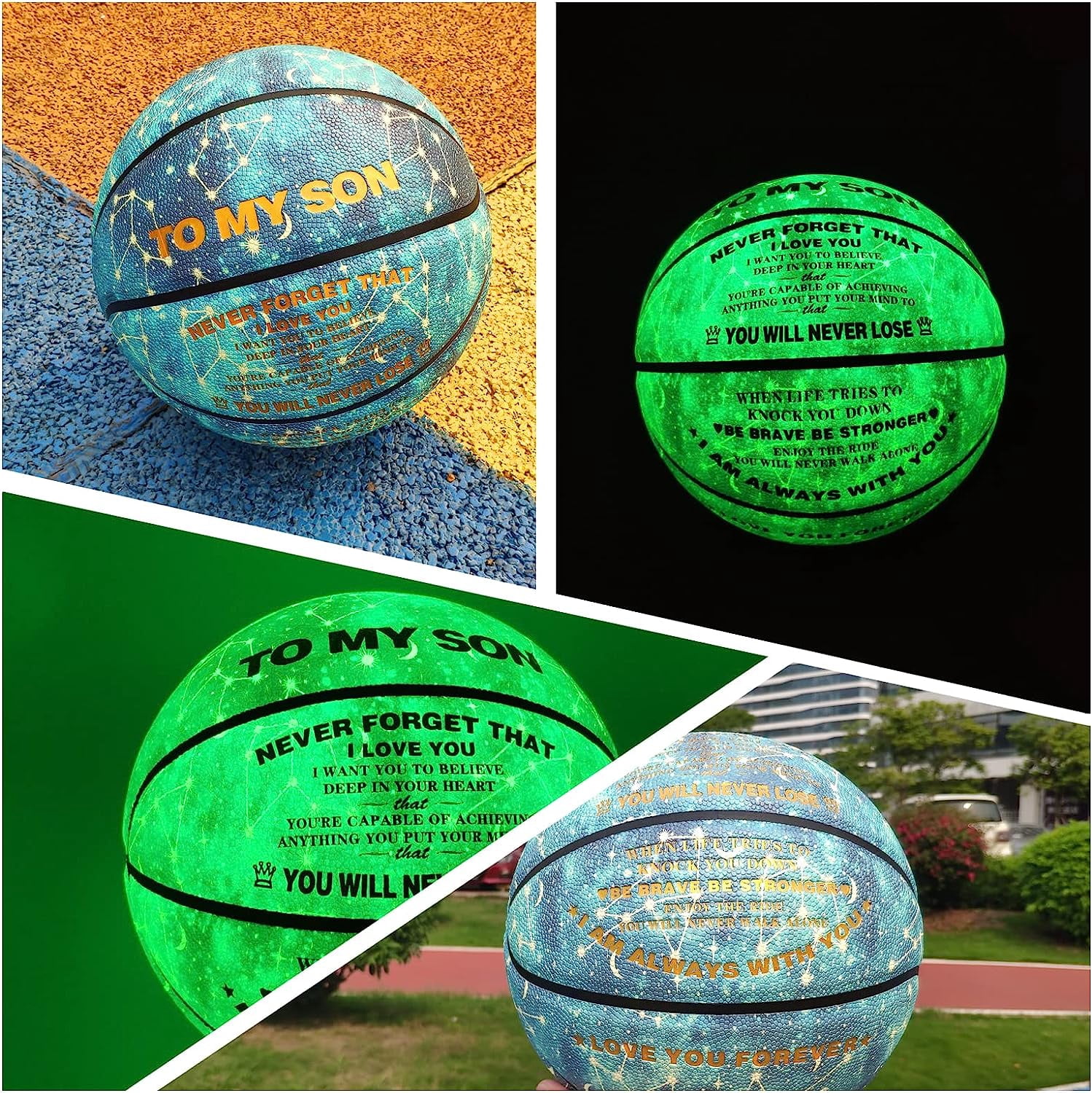 MILACHIC Glow in the Dark Basketball, Personalized to My Son Glowing Basketball Blue Size 7(29.5"), Indoor Outdoor Cool Basketball Gift