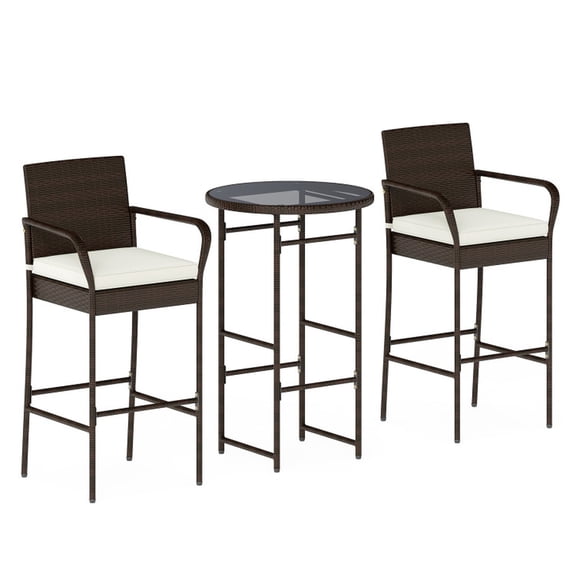 Biotree 3-Piece Outdoor Rattan Bar Set with Round Table and 2 Cushioned Chairs, White - Outdoor Patio Bar Height Furniture Set for Deck Garden