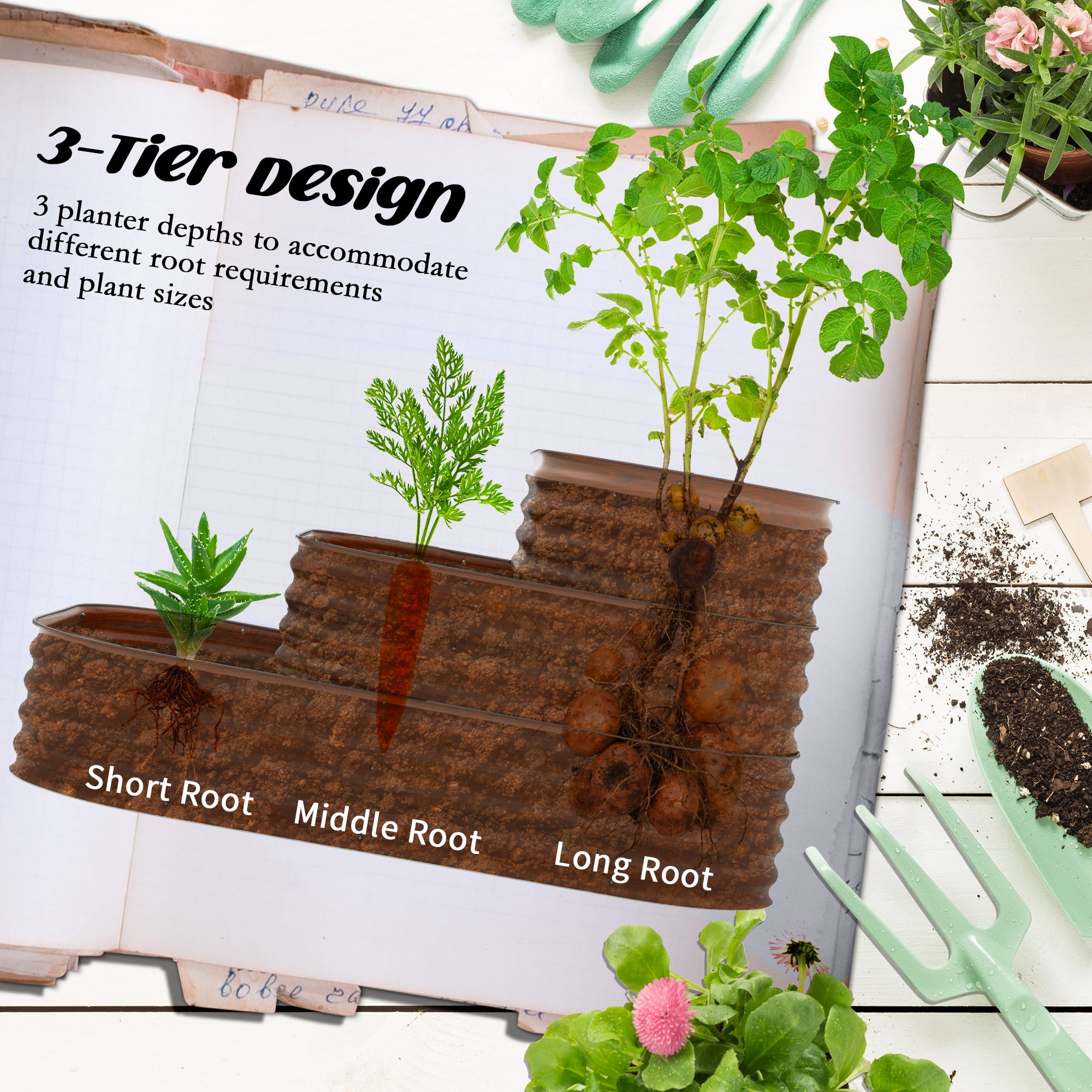 Outsunny 3-Tier Raised Garden Bed 62.25" x 43" x 32.25" Planter Set, Brown