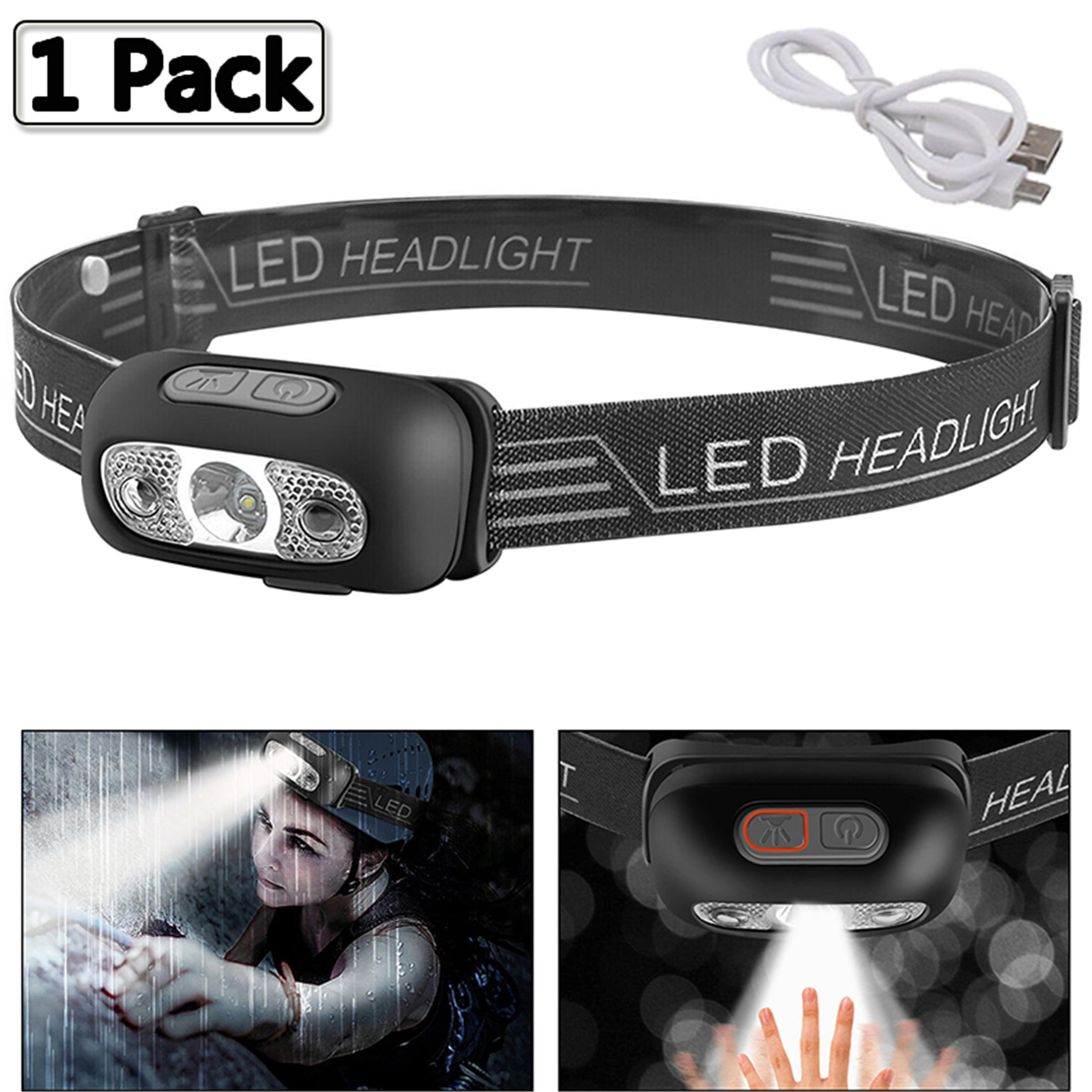 Rechargeable LED Headlamp 1 Pack, Elbourn Lightweight USB Waterproof 5  Modes Head Flashlight for Outdoor Hunting Camping Gear 