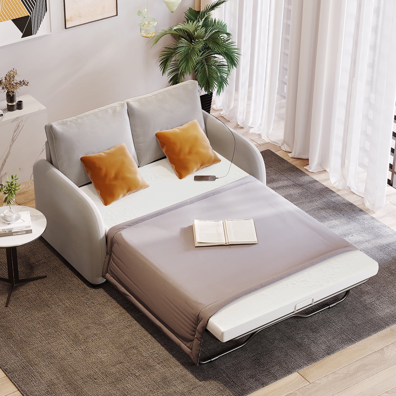 Kadyn Pull Out Sofa Bed, Loveseat Sleeper Sofa Bed with USB Charging Port and 3-pin Plug, Convertible Sofa Bed with Twin Size Mattress Pad, Beige Kadyn Pull Out Sofa Bed, Loveseat Sleeper Sofa Bed with USB Charging Port and 3-pin Plug, Convertible Sofa Bed with Twin Size Mattress Pad, Beige