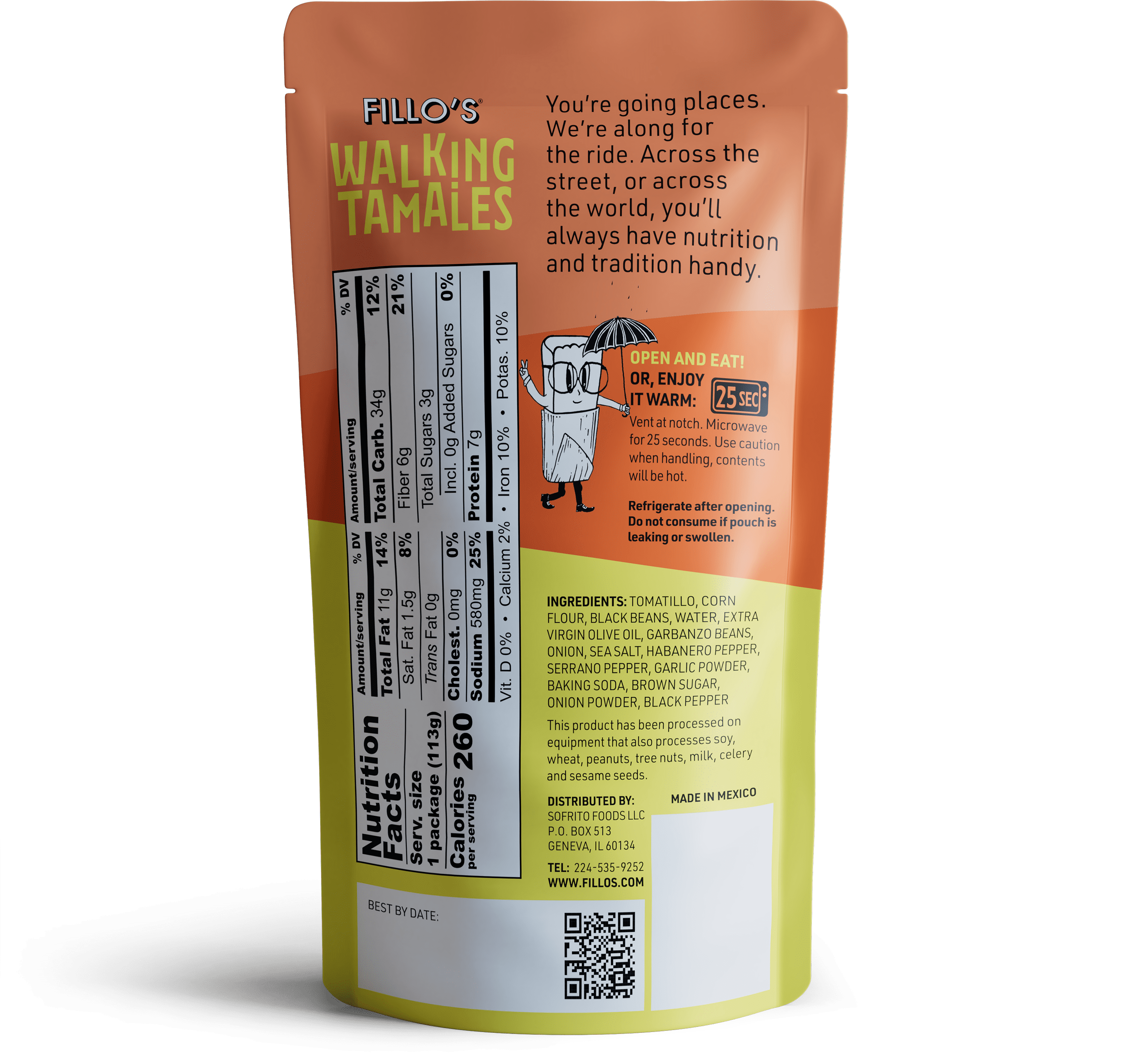 (3 pack) FILLO'S Walking Tamales Bean Salsa Habanero Tamale, 4 oz, (Shelf-Stable)