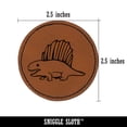 thumbnail image 2 of Wary Dimetrodon Dinosaur with Dorsal Sail Fin 2.5" Faux Leather Round Engraved Iron-On Patch - Brown, 2 of 6