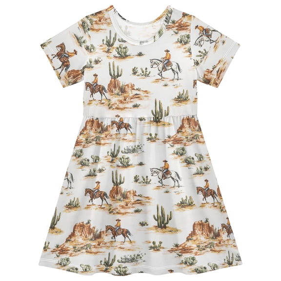 joogoo Western Cowboy Horses Girls' Short Sleeve Dress Kids Dresses 5-6T