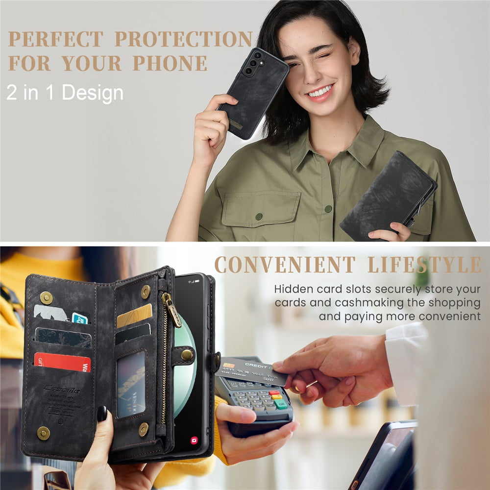 CaseMe Leather Case for Samsung Galaxy S23 FE 5G,2 in 1 Detachable Wallet Case with 8-Card Holder Zipper Bills Slot,Magnetic Shockproof Flip Leather Cover Zipper Pocket Phone Cases,Black
