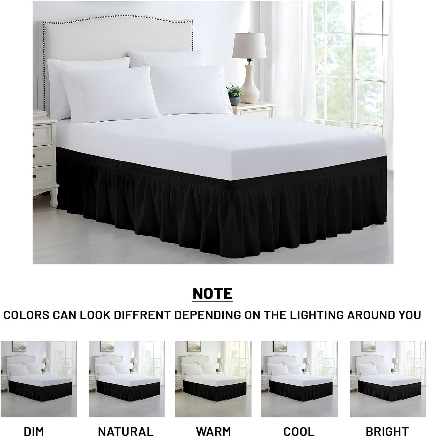 SGI bedding 12 inch Drop Wraparound Bed Skirt King Size - No Lifting Required, Adjustable Easy Fit Elastic Strap, Classic Gathered Styling Dust Ruffle, Fade Resistant -Black