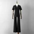 thumbnail image 4 of QUYUON Two Piece Outfits for Women Summer Short Sleeve Collared V-Neck Tops and Wide Leg Pants 2 Piece Lounge Sets Solid Color Ribbed Knit Shirts Matching Set Black One Size, 4 of 4