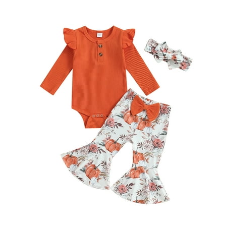 

jaweiwi Baby Toddler Girls Fall Outfit 0 3M 6M 12M 18M Long Sleeve Romper with Pumpkin Print Flare Pants and Headband Halloween Clothes Set
