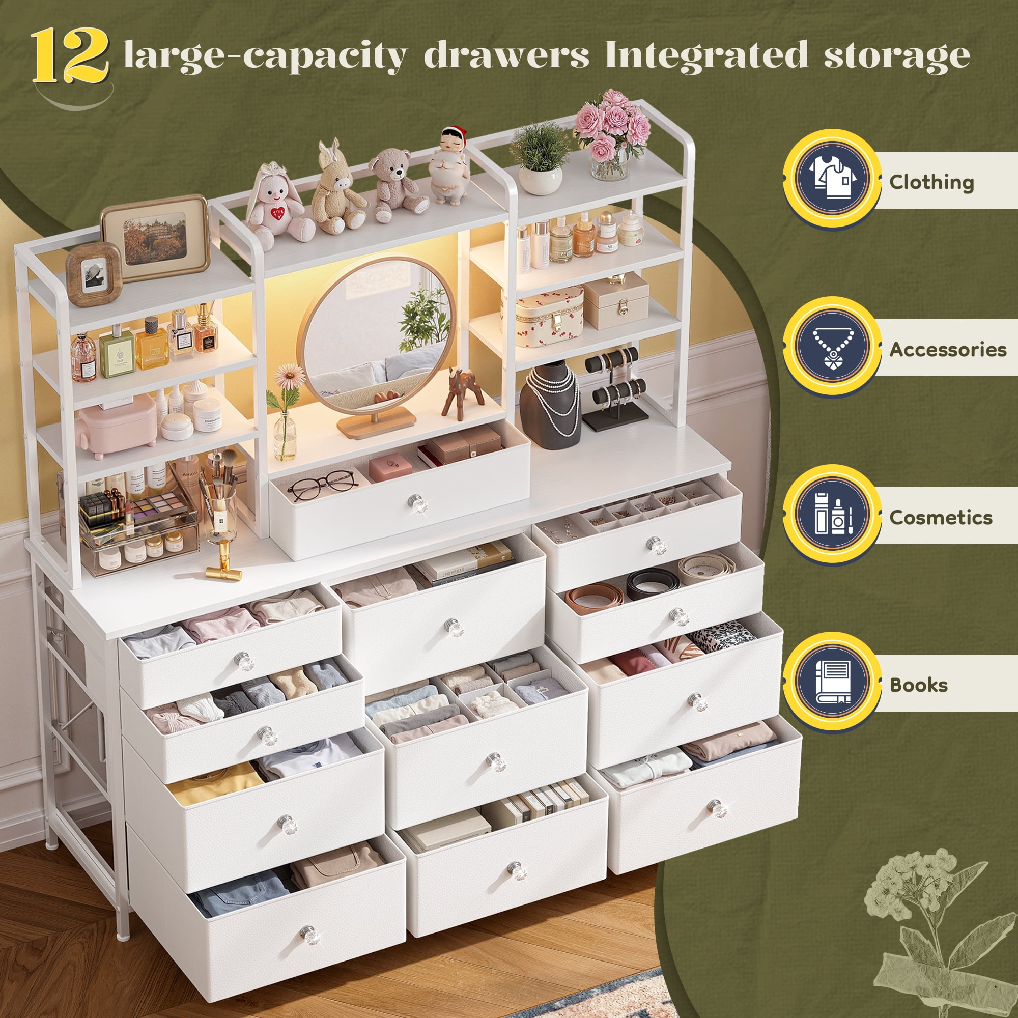 EnHomee Fabric Dresser for Bedroom with LED Lights Vanity Dressing Table with 12 Drawers & Open Shelves，White