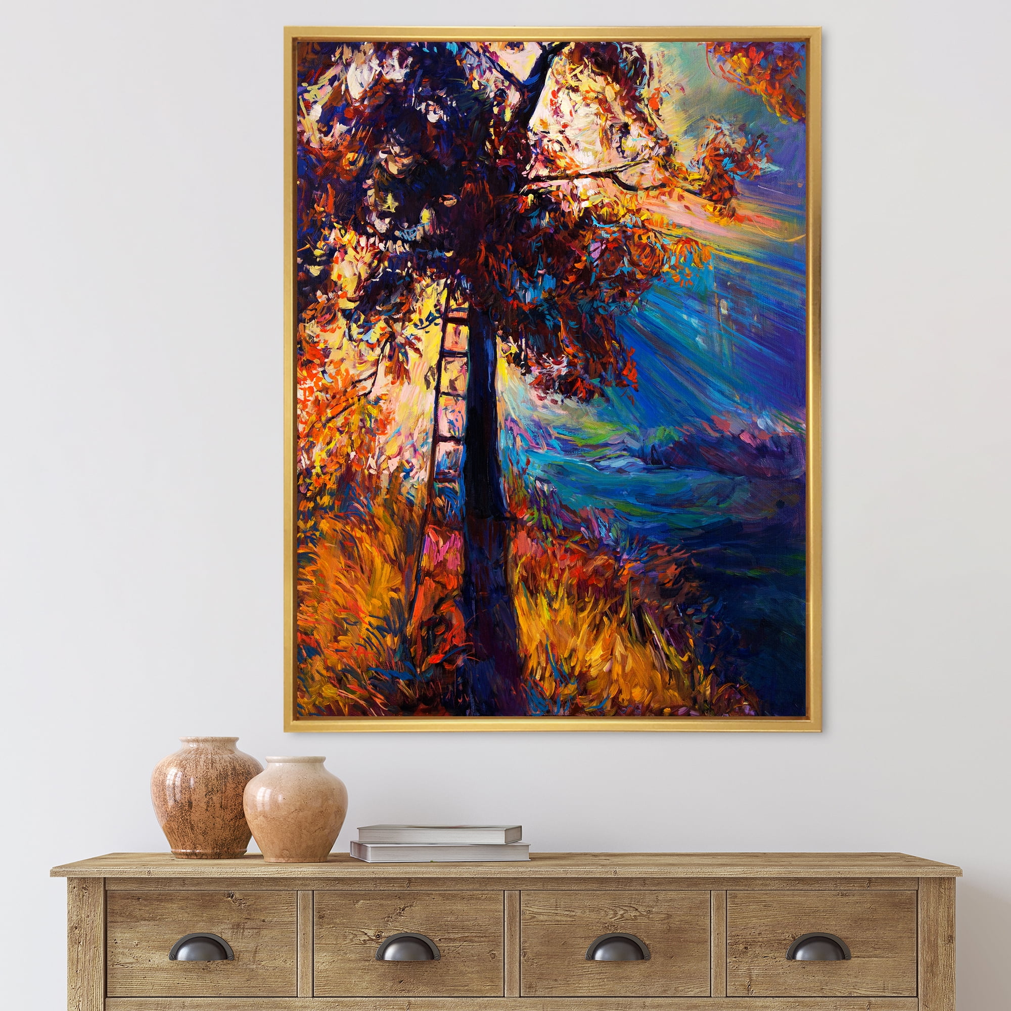 Designart 'Silhouette Of Autumn Tree In The Sunset Glow' Traditional Framed Canvas Wall Art Print