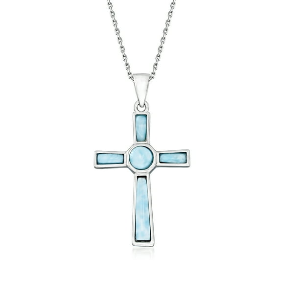 Ross-Simons Larimar Cross Pendant Necklace in Sterling Silver, Women's, Adult