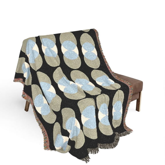Green and Blue Geometric Circle Woven Throw Blanket, 100% Cotton, Mid-Century Modern Decor for Sofa or Bed
