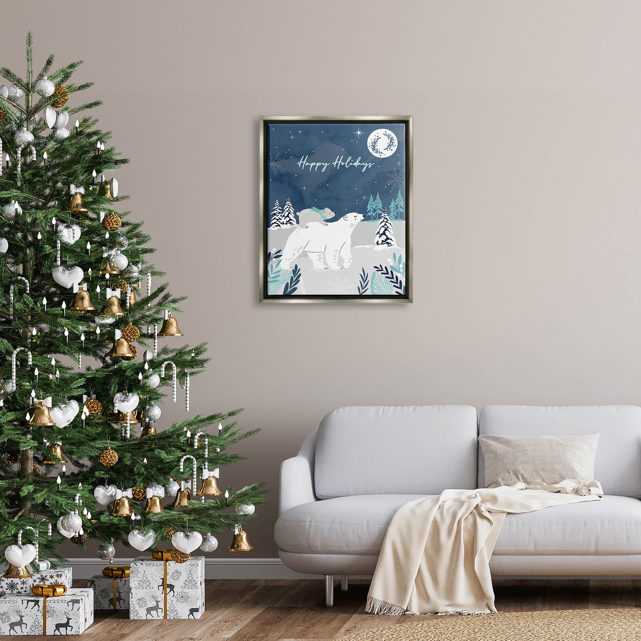 Happy Holidays Winter Snow Bears Holiday Graphic Art Luster Gray Framed Art Print Wall Art