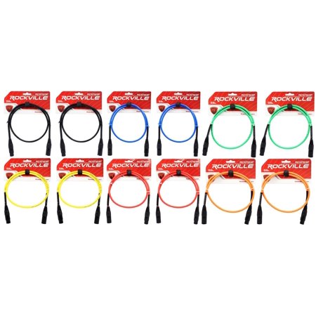 12 Rockville 3' Female to Male REAN XLR Mic Cable (6 Colors x 2 of Each)