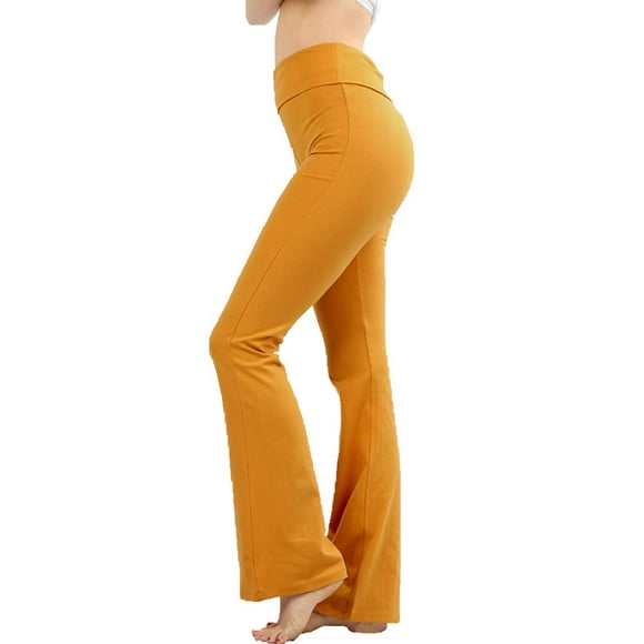 Zenana Premium cotton FOLD Over Yoga Flare Pants,Ash Mustard,Medium