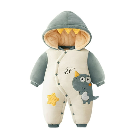 DHFJKG Baby Toddler Cartoon Dinosaur Jumpsuits Onesie With Hood Thick Fuzzy Lining Long Sleeve Button Down Romper For Boys Girls Children 0-24 Months Home Relaxation Winter Warm Comfort One-Pieces