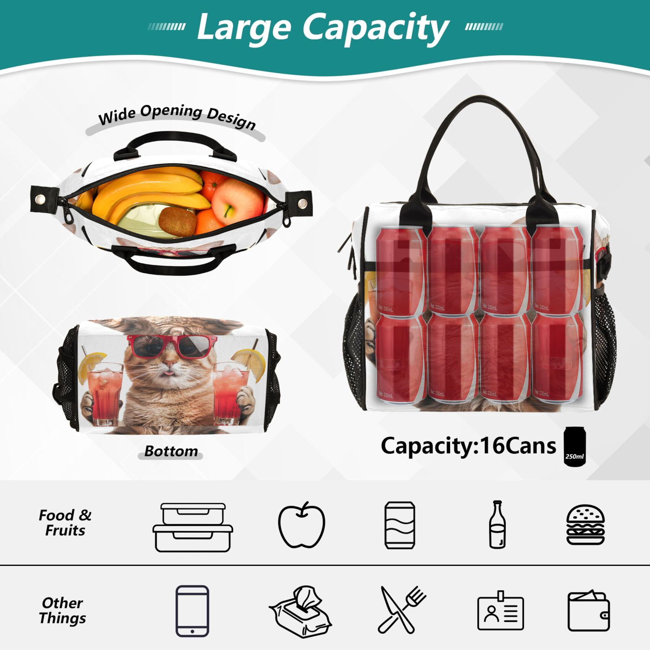 Lunch Bag Insulated Lunch Box Leakproof Reusable Cooler Tote Adjustable Shoulder Strap for Men Women Cool Cat with Drinks 12L