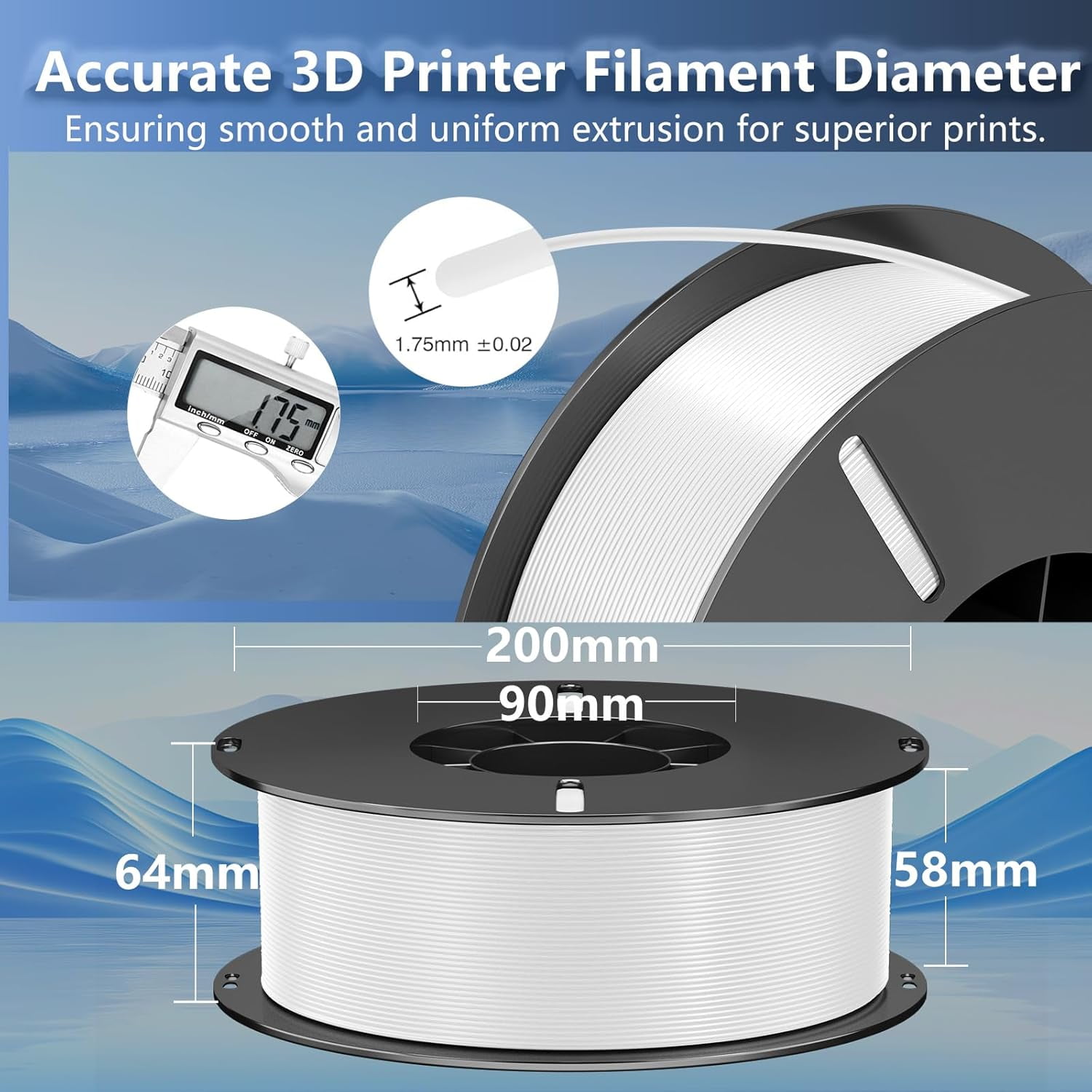 PLA Filament 1.75mm White 1kg Spool (2.2lbs) 3D Printer Filament Dimensional Accuracy +/- 0.02mm, Suitable for Most FDM 3D Printers