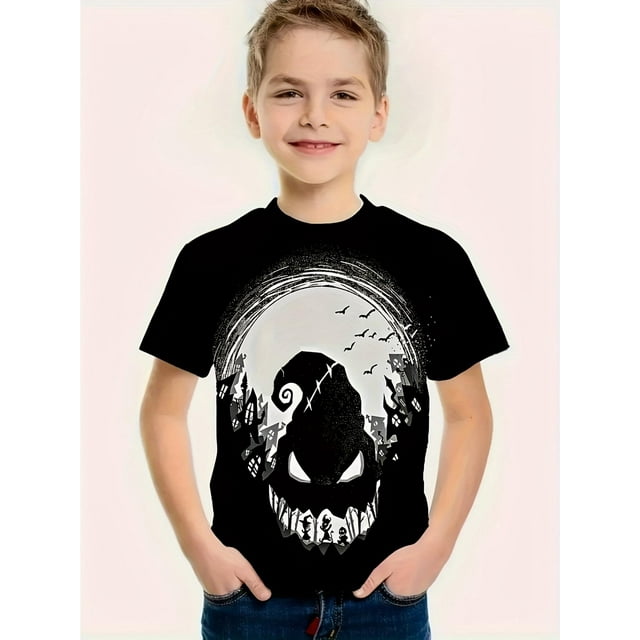 Halloween T-shirt - Spooky Devil Smile Graphic Tee, Stretchy Cotton Shirt for Parties & Casual Attire - Machine Washable Kids Top (Regular Fit), Halloween Clothes, Casual Children's Wear