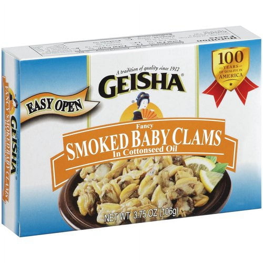 (12 pack) Geisha Canned Smoked Baby Clams, in Sunflower Oil, 3.75 Oz (106g), Ready to Eat in an Easy Open Can