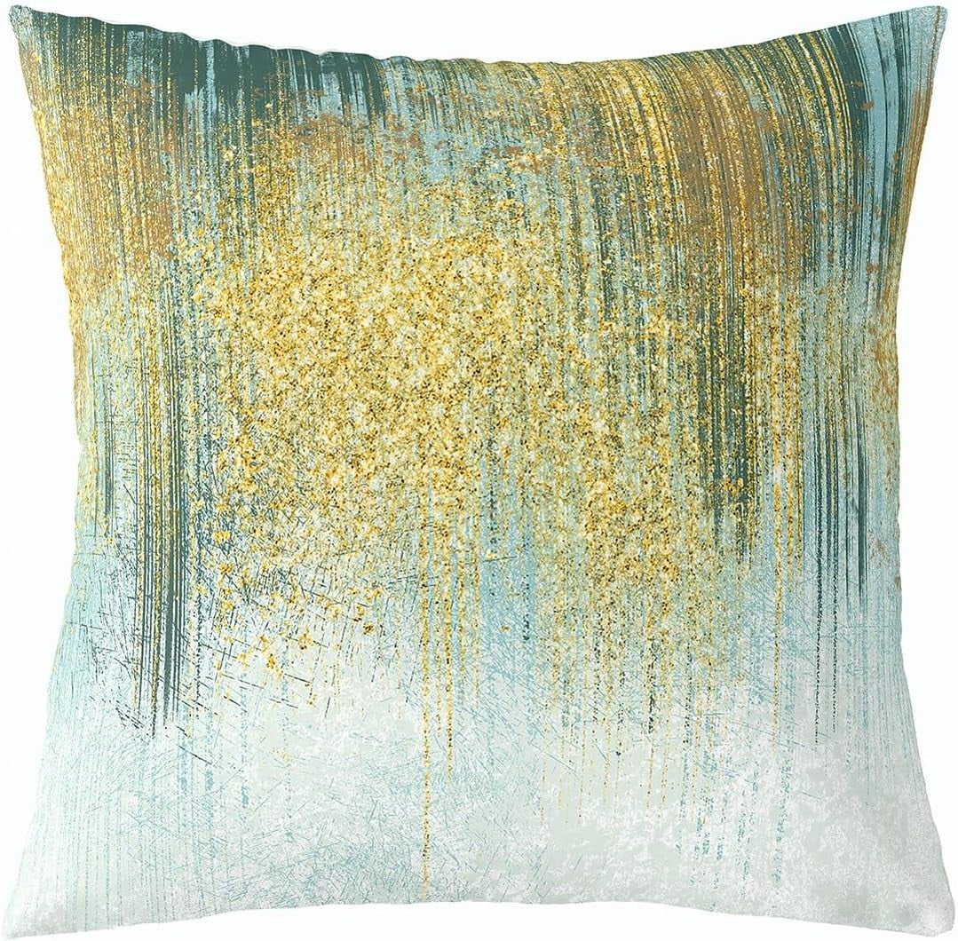 Green Teal Golden Reversible Throw Pillow Covers 20 x 20-Inch Kids Stripes Pillow Covers Home Decor for Boys Geometric Abstract Art Square Cushion Covers Set of 4 Modern Art