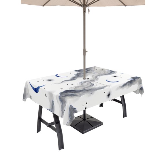60x102 Inch Outdoor Tablecloth with Umbrella Hole Zipper Rectangle Blue Grey Moon Night Rectangular Tablecloths Outside Waterproof Starry White Evening Patio Table Cloth Cover for Picnic Party
