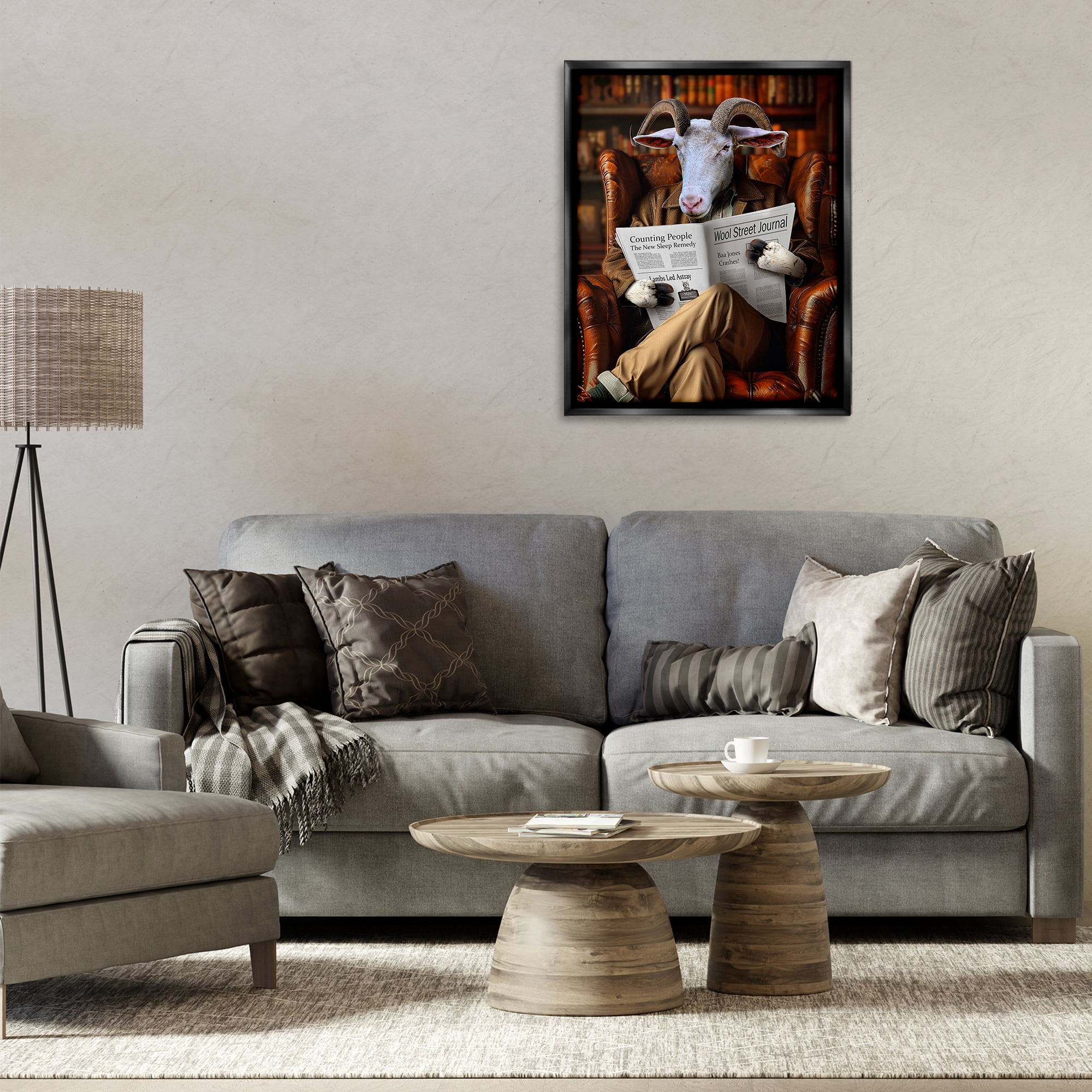 Stupell Industries Goat in Vintage Library Animals & Insects Painting Black Floater Framed Canvas Art Print Wall Art, 25 x 31