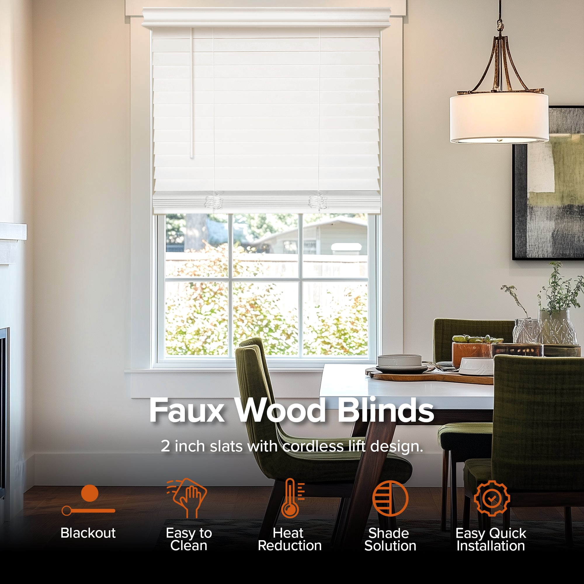 Chicology Cordless Faux Wood Blinds 2 in Slats Blackout No Hole Design Valance, 46"W x 48"H