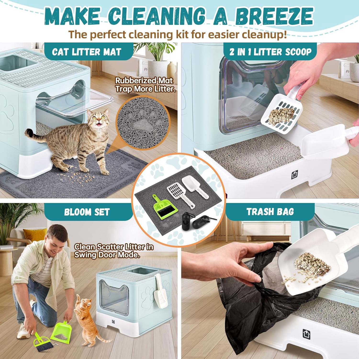Enclosed Cat Litter Box with Lid Foldable Potty,Drawer Type Extra Large Cover Litter Box with Mat, Kitty Free in and Out/One-Way,Odor Control Anti-Splashing Easy Cleaning (Blue)