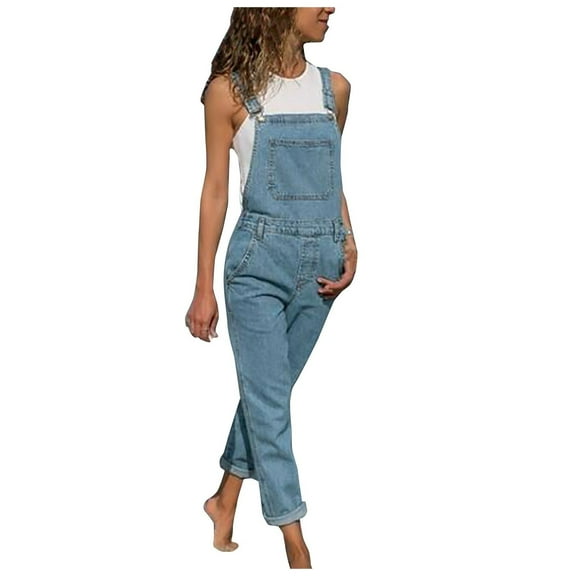 CAIXIA Denim Overalls for Women Bib Pants Petite Jean Jumpsuit Slim Fit Wide Leg Casual Jeans with Pockets 2025 Fashion,Light Blue