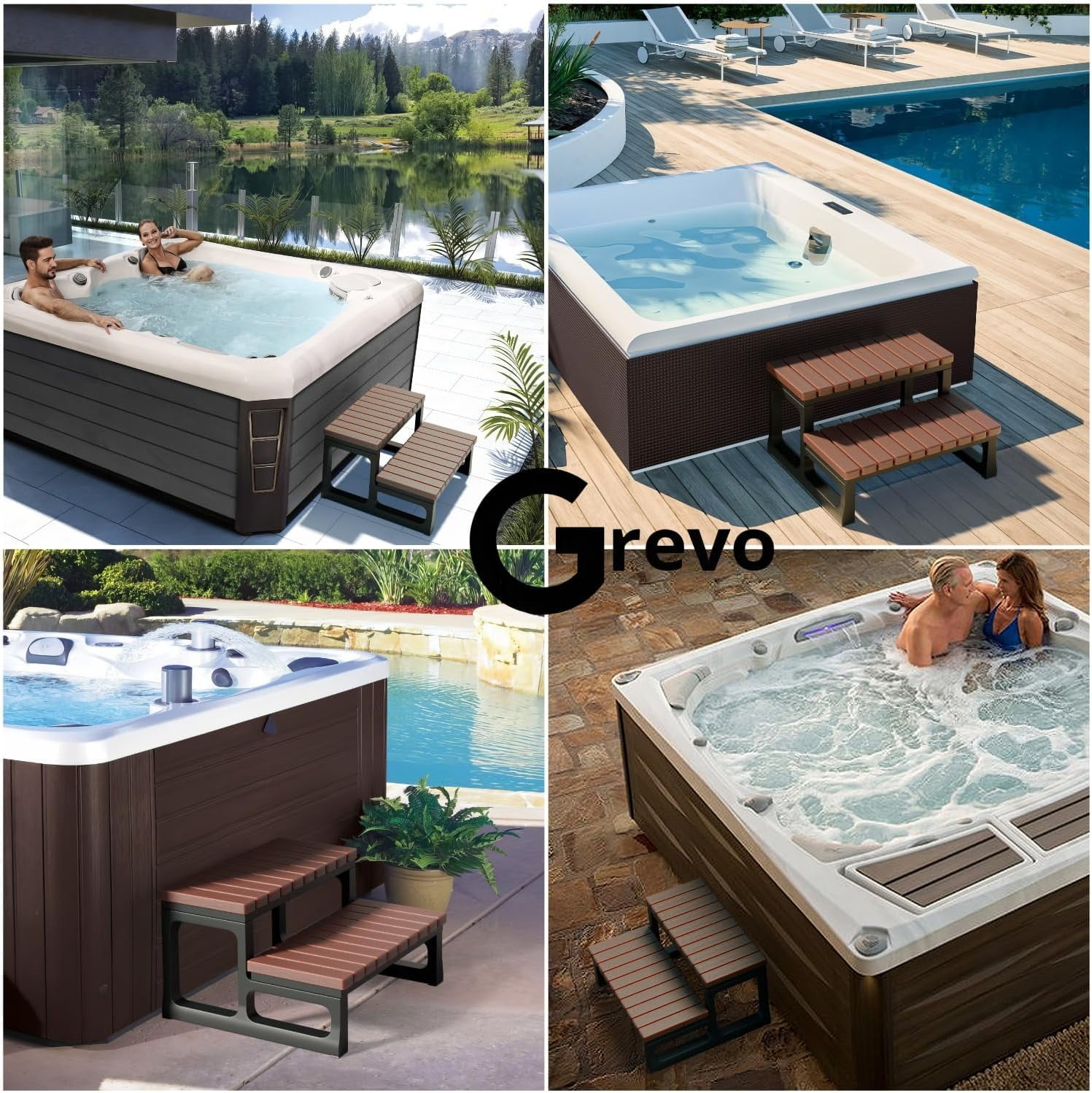 Hot Tub Steps Grey/Spa Steps for Round or Straight Sided Spa, Non-Slip Steps for Outdoor/Indoor (Black)