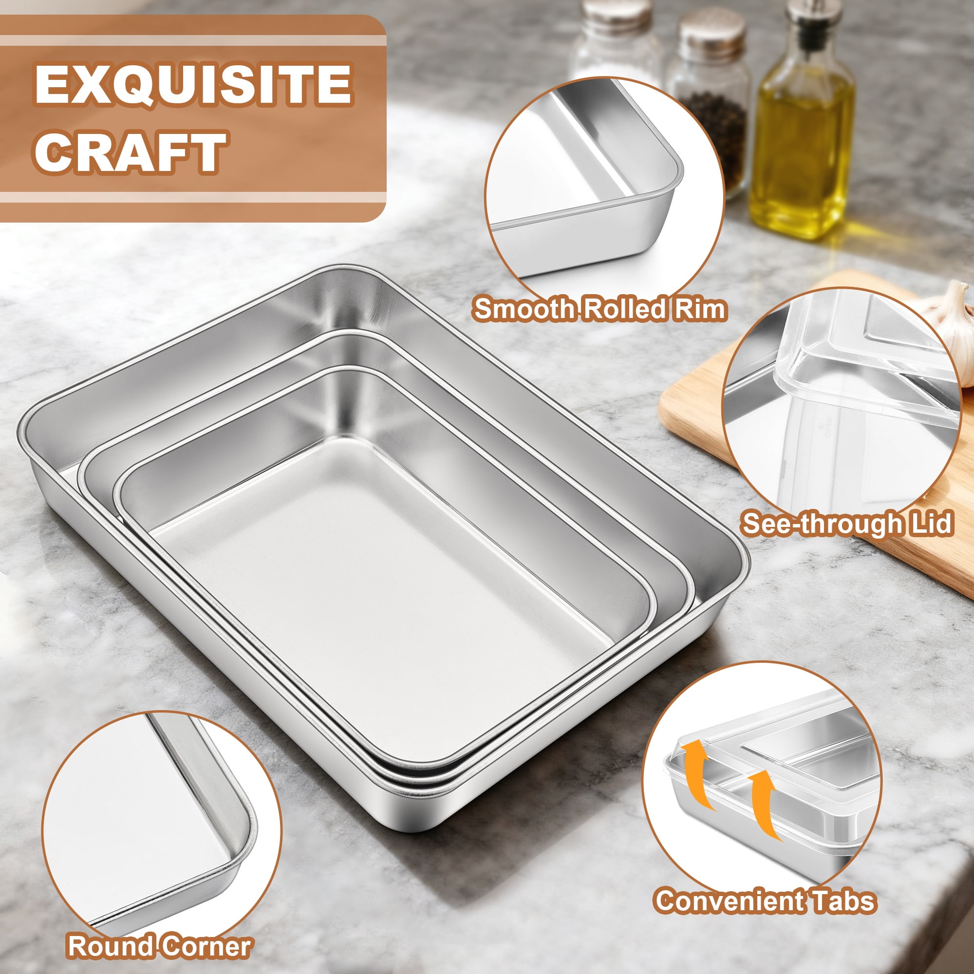 Vesteel Stainless Steel Baking Pan with Lid, 12.5/10.5/9.4 inch Rectangle Sheet Cake Pans with Covers Bakeware Set for Cakes Brownies Casseroles, Non-toxic & Dishwasher Safe