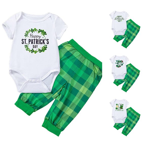 Baby Girls St Day Outfits Set 2PCs Bodysuit Romper Pant Green Clothes 0-24 Months Girl Comfy Outfit Sets