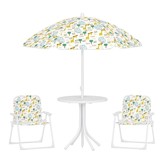 Kids Picnic Table and Chair Set, Outdoor Activity Table with Foldable Chairs, Removable Umbrella, and Giraffe Pattern Toddler Patio Furniture for Backyard, Garden, White
