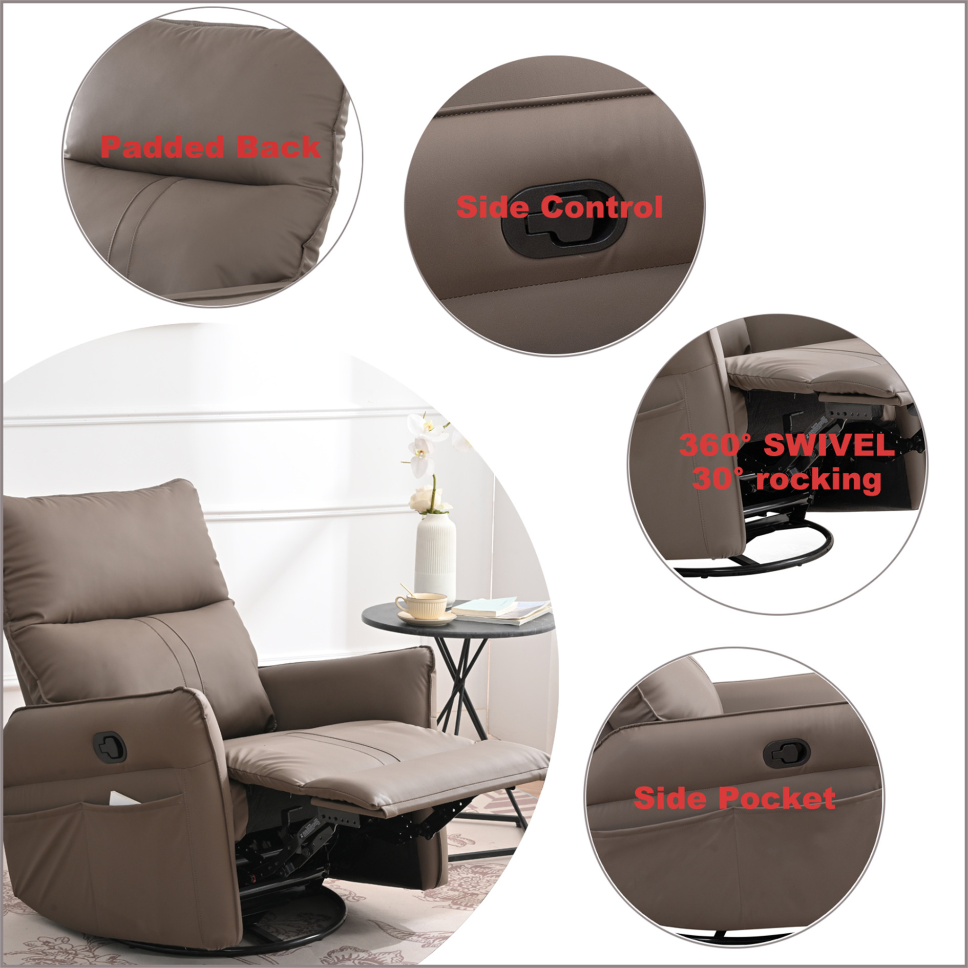 PU Rocking Recliner Chair,360° Swivel Nursery Rocking Chair,Glider Chair,Modern Small Rocking Swivel Recliner Chair for Bedroom,Living Room Chair Home Theater Seating, Side Pocket, Brown
