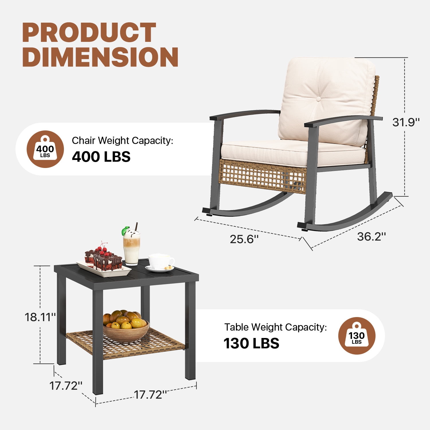 BaPiPro 3-Piece Outdoor Rocking Chair Set, All-Weather PE Wicker Patio Furniture with Water-Resistant Cushions, Rust-Proof Steel Frame, 2-Tier Coffee Table, for Porch Backyard, Off-White