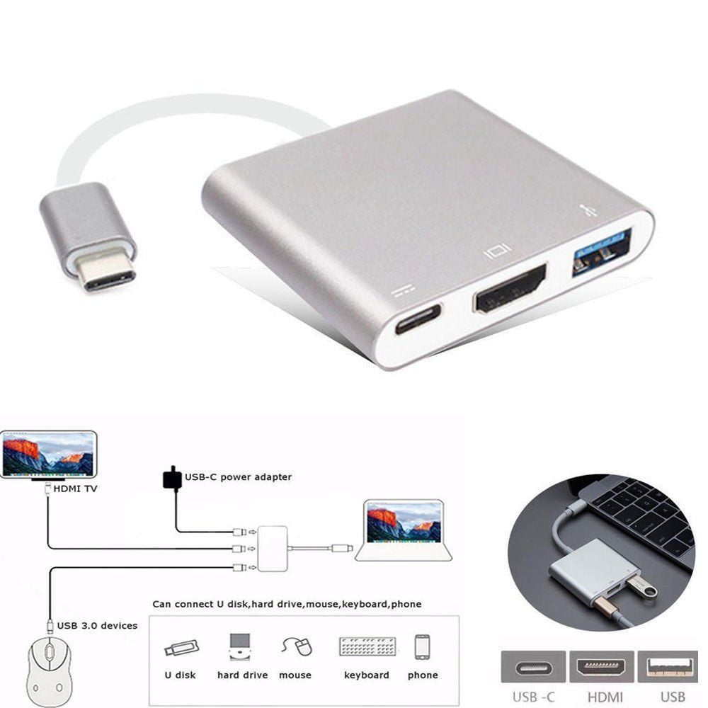 FidgetFidget HDTV Adapter Cable for Laptop Portable USB3.1 Type C USB-C to 4K HDMI Silver Gray 