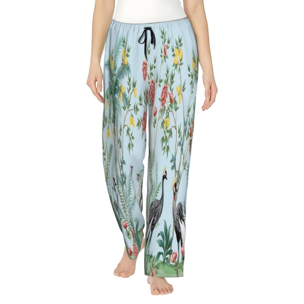 Fotbe Chinoiserie Floral Palm Tree Pantalones de Pijama para Mujer, Pantalones de Dormir, Pantalones Pj con Cordón y Bolsillos-Large