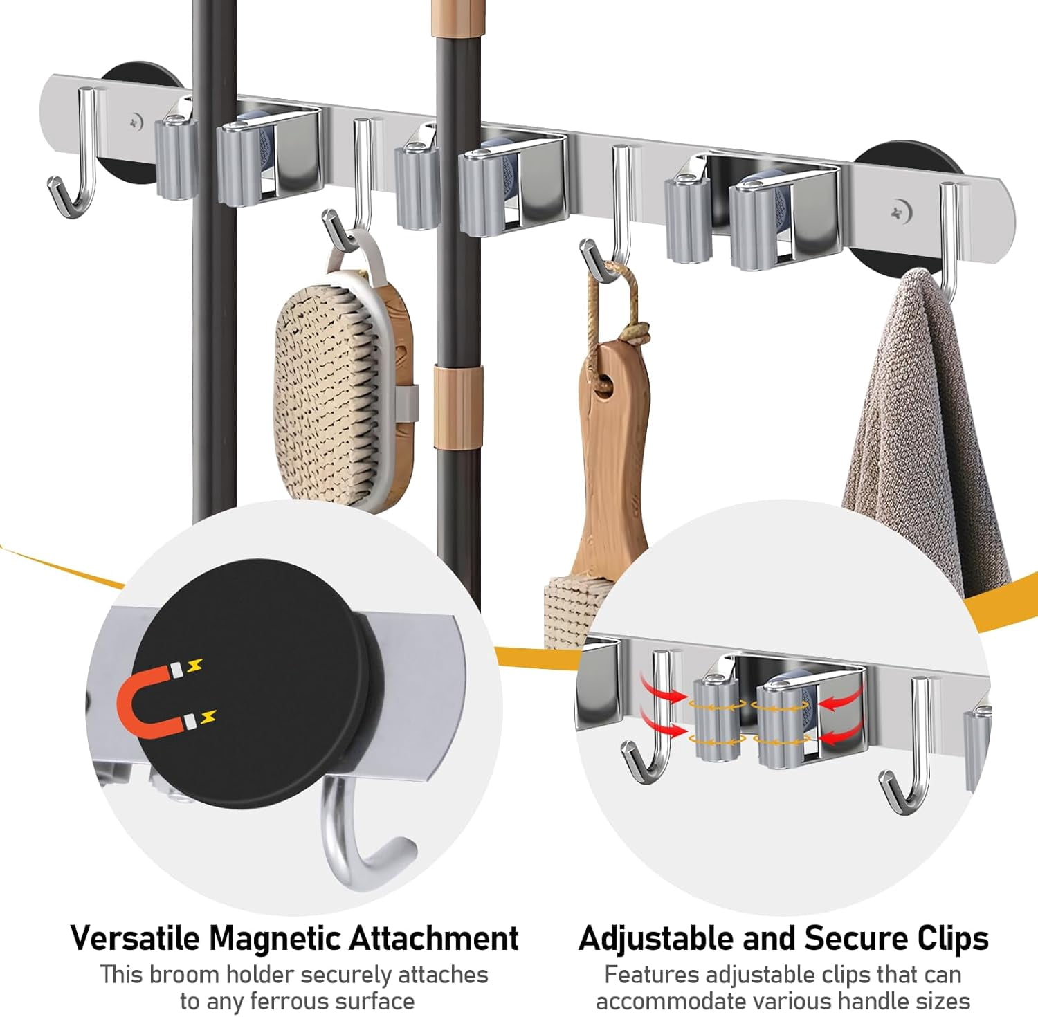Heavy-Duty Magnetic Storage Rack for Brooms and Mops, Wall-Mounted Non-Slip Holder, Strong Hooks Hanging Tools
