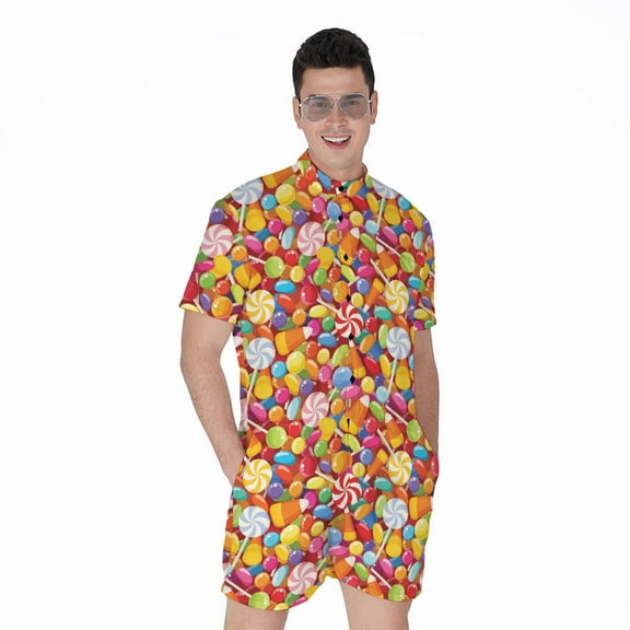 Colorful Candy Pattern Short Sleeve Men'S Rompers Casual Summer Jumpsuits Outfit