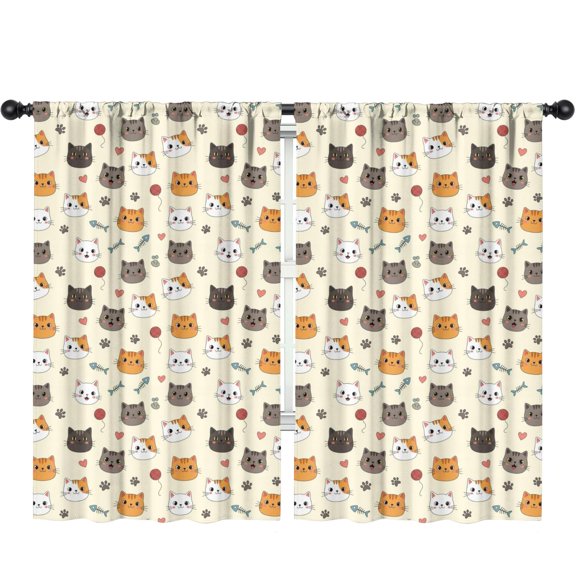 Blackout Kids Curtains,Multicolor Cat and Fishbone Beige Pattern Children's Insulated Curtains Set Of 2,Bedroom Essentials,Toddler Room Decor 52"x84"