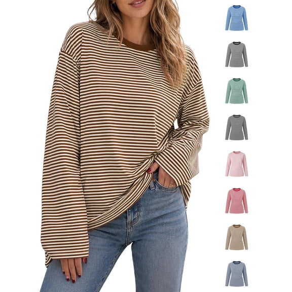 Women's Striped Long Sleeve Casual Tee Ghalytn Crew Neck Color-Block Collar Drop-Shoulder Loose Fit T-Shirt