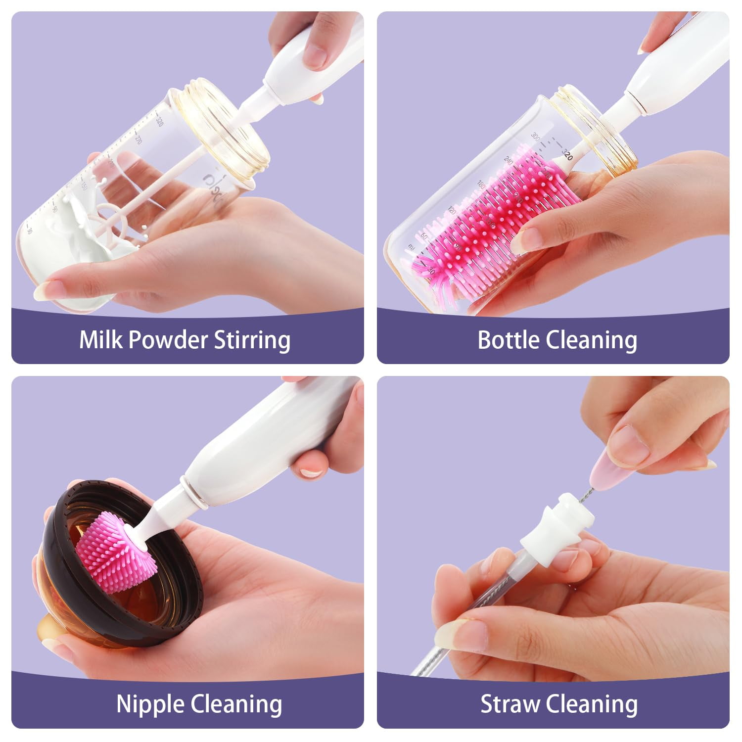 Electric Bottle Brush Cleaner, Portable Rechargable Baby Bottle Brush Kit for Travel with Silicone Nipple & Straw Brush, Drainage Rack, Storage Box, Perfect Essentials Gift for Mom After Birth