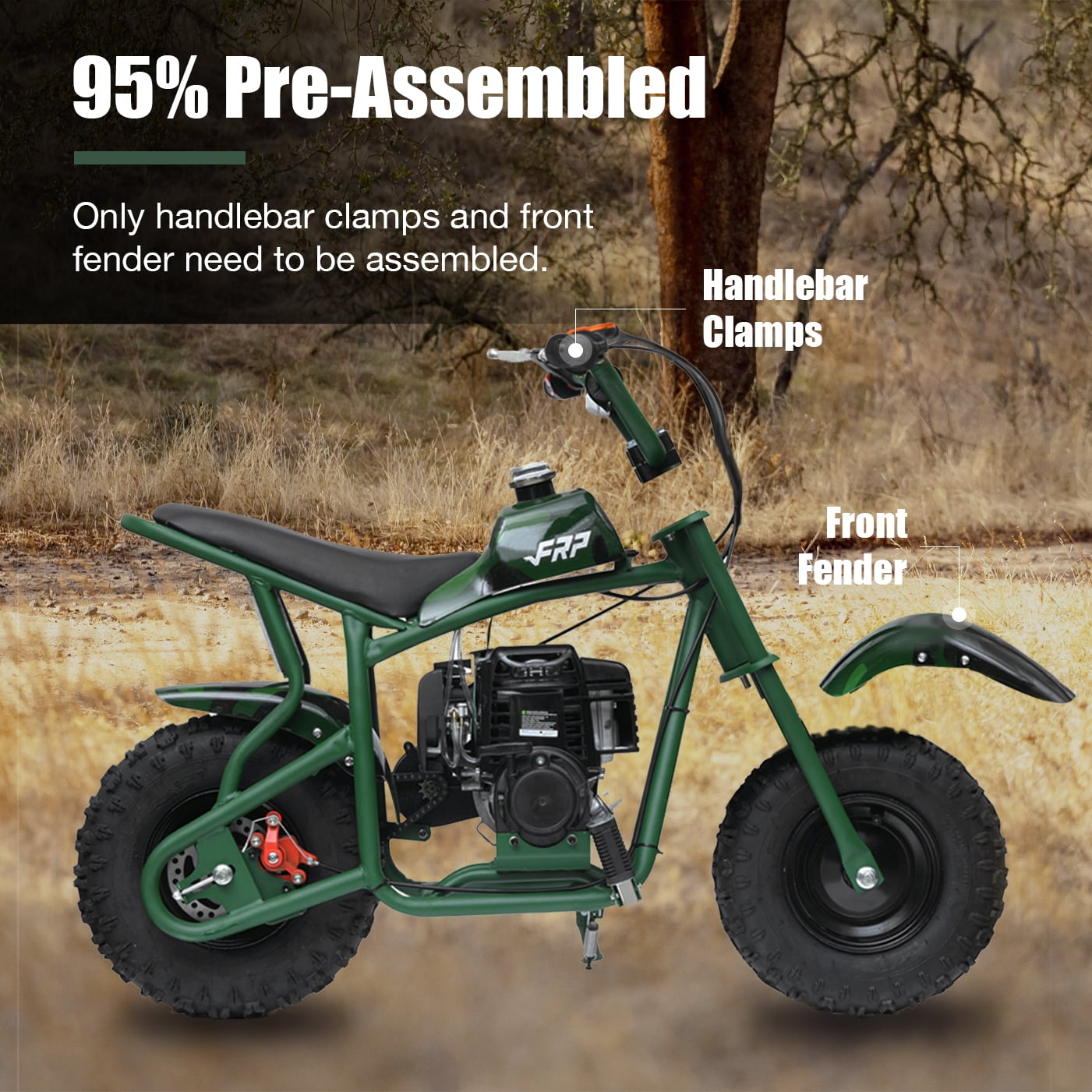 FRP DB003 40CC 2-Stroke Mini Dirt Bike with Training Wheels, Gas Powered Off-Road Dirt Bike for Kids, Enhanced Stability, Available in Red and Green