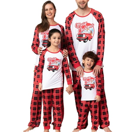 

Thaisu Pajamas for Family Matching PJ s Sets Christmas Car Print Long Sleeve Tee and Plaid Pants Loungewear