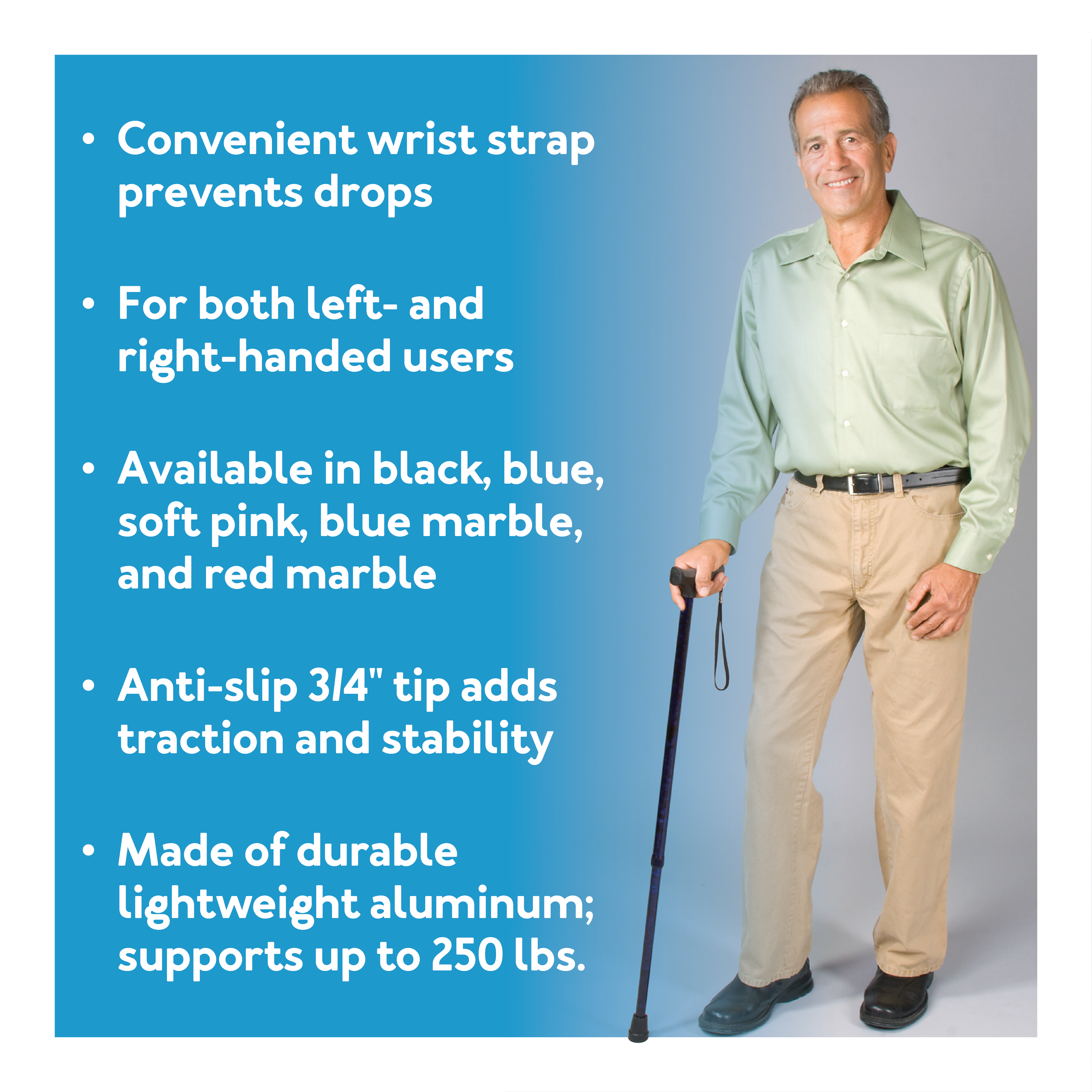 Carex Soft Grip Derby Adjustable Walking Cane for All Occasions, Aluminum, Blue, 250 lb Weight Capacity - image 2 of 9