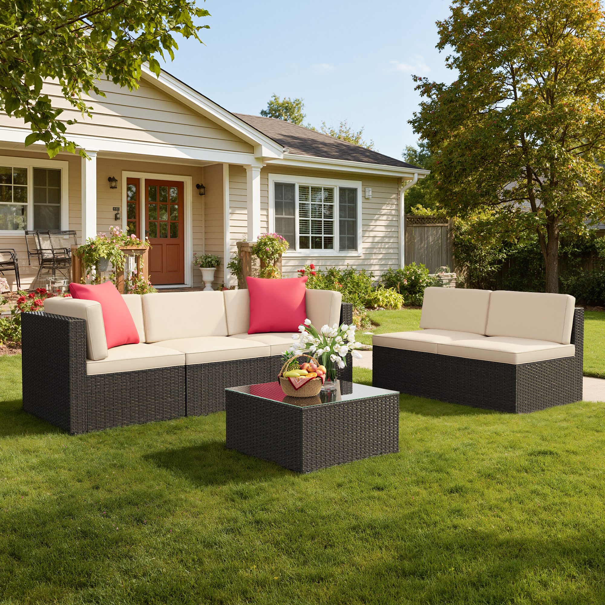 Lacoo 6 PCS Patio Outdoor Furniture Wicker Sectional Sofa with Cushion, Beige